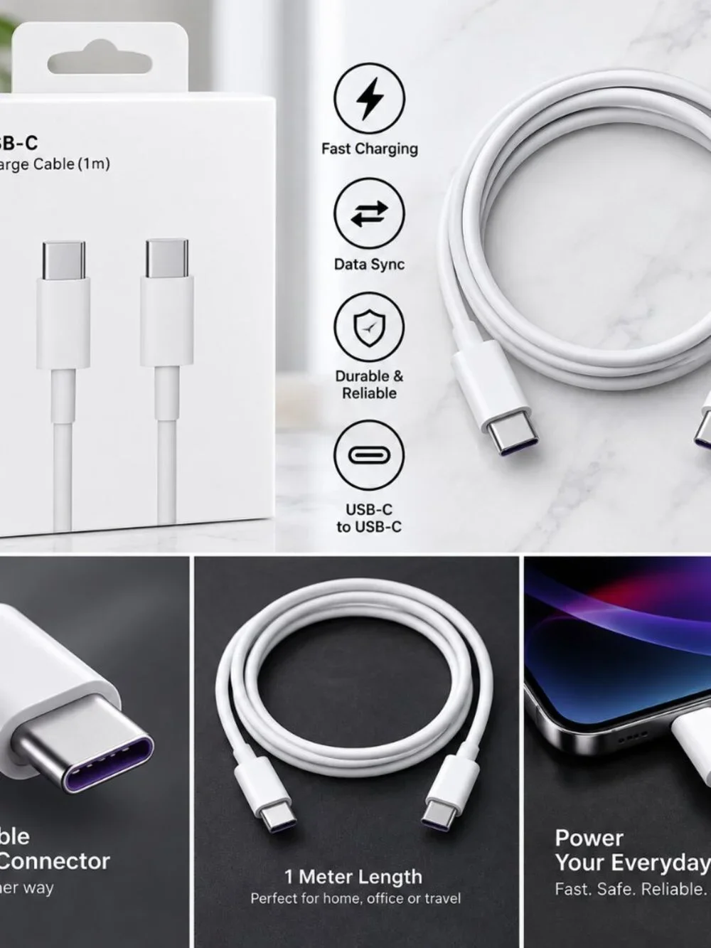 60W USB-C to USB-C Fast Charging Cable – 3 ft
